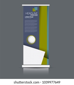 Roll up banner stand. Vertical information board design. Blue and green color vector illustration.
