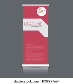 Roll up banner stand. Vertical information board design. Red color vector illustration.