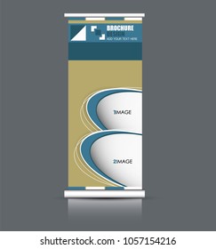 Roll up banner stand. Vertical information board design. Blue and green color vector illustration.