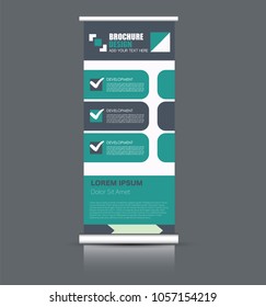 Roll up banner stand. Vertical information board design. Green color vector illustration.