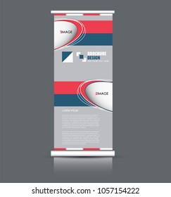 Roll up banner stand. Vertical information board design. Blue and red color vector illustration.