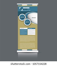 Roll up banner stand. Vertical information board design. Blue and green color vector illustration.