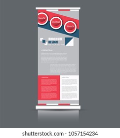 Roll up banner stand. Vertical information board design. Blue and red color vector illustration.