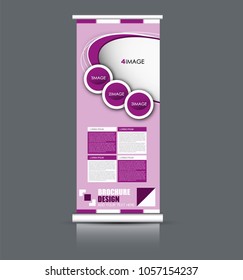 Roll up banner stand. Vertical information board design. Purple color vector illustration.