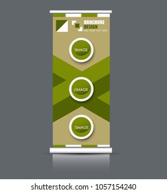 Roll up banner stand. Vertical information board design. Green color vector illustration.