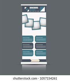 Roll up banner stand. Vertical information board design. Blue color vector illustration.