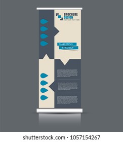 Roll up banner stand. Vertical information board design. Blue color vector illustration.
