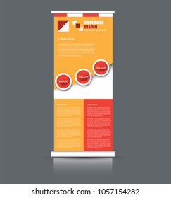 Roll up banner stand. Vertical information board design. Orange and red color vector illustration.