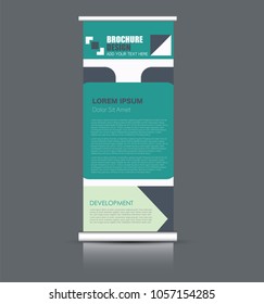 Roll up banner stand. Vertical information board design. Green color vector illustration.
