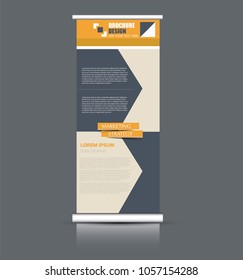 Roll up banner stand. Vertical information board design. Orange color vector illustration.
