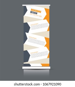 Roll up banner stand. Vertical information board design. Orange and grey color vector illustration.