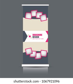 Roll up banner stand. Vertical information board design. Pink and grey color vector illustration.