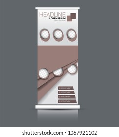 Roll up banner stand. Vertical information board design. Brown color vector illustration.