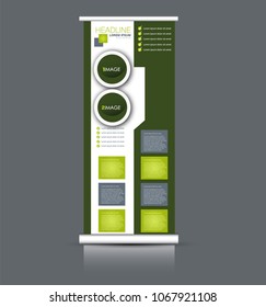 Roll up banner stand. Vertical information board design. Green color vector illustration.