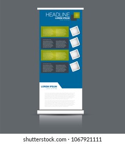 Roll up banner stand. Vertical information board design. Blue and green color vector illustration.