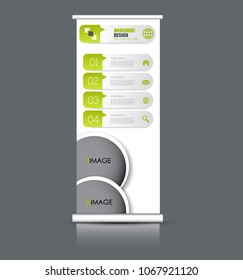 Roll up banner stand. Vertical information board design. Green color vector illustration.