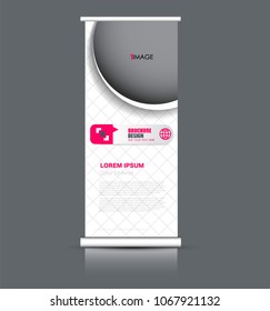 Roll up banner stand. Vertical information board design. Pink color vector illustration.