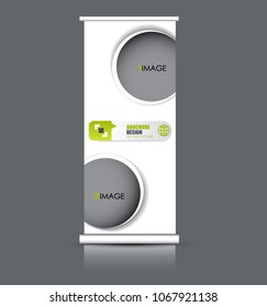 Roll up banner stand. Vertical information board design. Green color vector illustration.