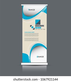 Roll up banner stand. Vertical information board design. Blue color vector illustration.