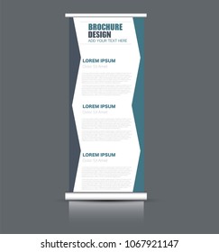 Roll up banner stand. Vertical information board design. Blue color vector illustration.