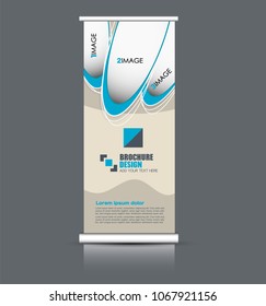 Roll up banner stand. Vertical information board design. Blue color vector illustration.