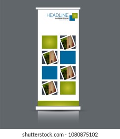 Roll up banner stand. Vertical information board design. Blue and green color vector illustration.
