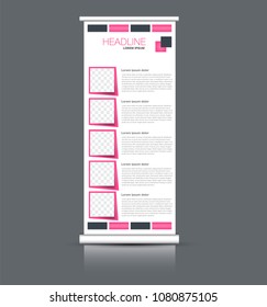 Roll up banner stand. Vertical information board design. Pink color vector illustration.