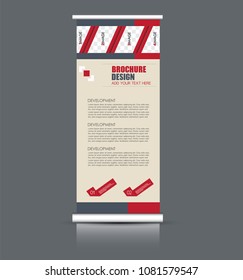 Roll up banner stand. Vertical information board design. Red color vector illustration.