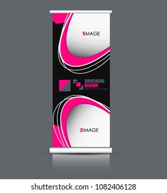 Roll up banner stand. Vertical information board design. Black and pink color vector illustration.
