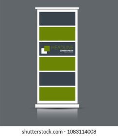 Roll up banner stand. Vertical information board design. Green color vector illustration.