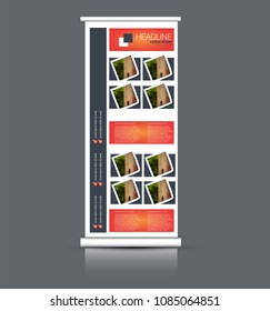 Roll up banner stand. Vertical information board design. Orange color vector illustration.