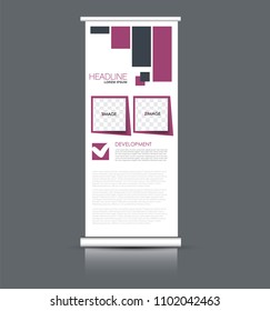 Roll up banner stand. Vertical information board design. Purple color vector illustration.