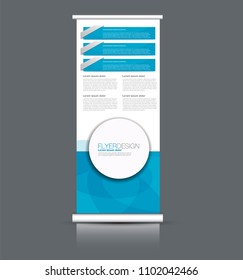 Roll up banner stand. Vertical information board design. Blue color vector illustration.