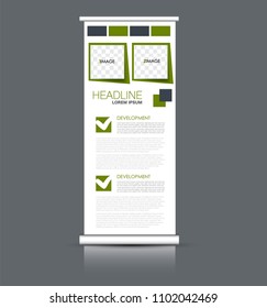 Roll up banner stand. Vertical information board design. Green color vector illustration.