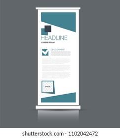 Roll up banner stand. Vertical information board design. Blue color vector illustration.