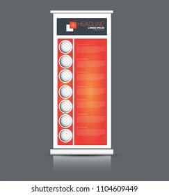 Roll up banner stand. Vertical information board design. Orange color vector illustration.