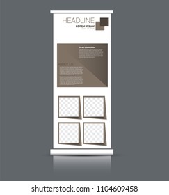 Roll up banner stand. Vertical information board design. Brown color vector illustration.