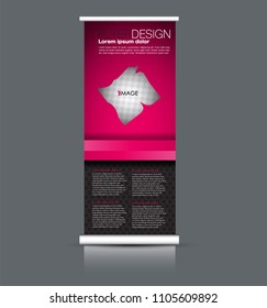 Roll up banner stand. Vertical information board design. Pink and black color vector illustration.