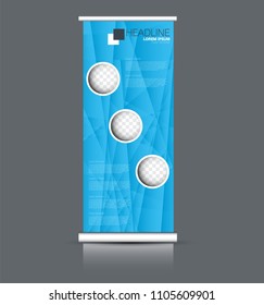 Roll up banner stand. Vertical information board design. Blue color vector illustration.