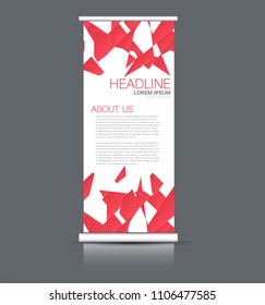 Roll up banner stand. Vertical information board design. Red color vector illustration.
