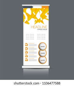 Roll up banner stand. Vertical information board design. Orange color vector illustration.
