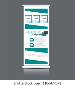 Roll up banner stand. Vertical information board design. Green color vector illustration.