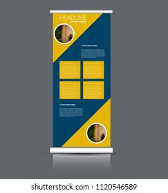 Roll up banner stand. Vertical information board design. Yellow and blue color vector illustration.