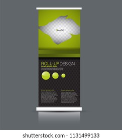 Roll up banner stand. Vertical information board design. Green and black color vector illustration.