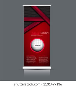 Roll up banner stand. Vertical information board design. Red and black color vector illustration.