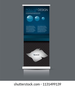 Roll up banner stand. Vertical information board design. Blue and black color vector illustration.