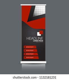 Roll up banner stand. Vertical information board design. Red and black color vector illustration.