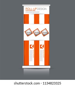 Roll up banner stand. Vertical information board design. Orange color vector illustration.