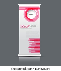 Roll up banner stand. Vertical information board design. Pink color vector illustration.