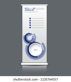 Roll up banner stand. Vertical information board design. Blue color vector illustration.